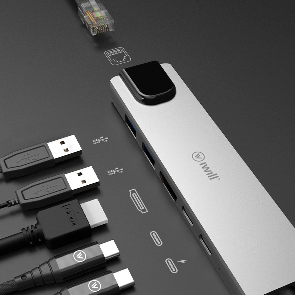 Hub USB-C Plus - Adaptador 6 em 1: HDMI, 2 USB, 2 USB-C, RJ45