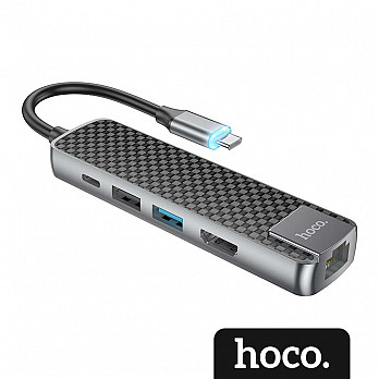 HUB Multiportas HDMI, USB 3.0, USB 2.0, RJ45 e PD Cinza- hoco. HB23